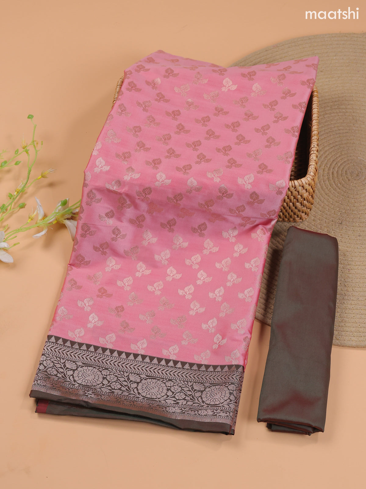 Dual Shade Of Peach and Green Banarasi Silk Dress Material With With Allover Zari Buttas