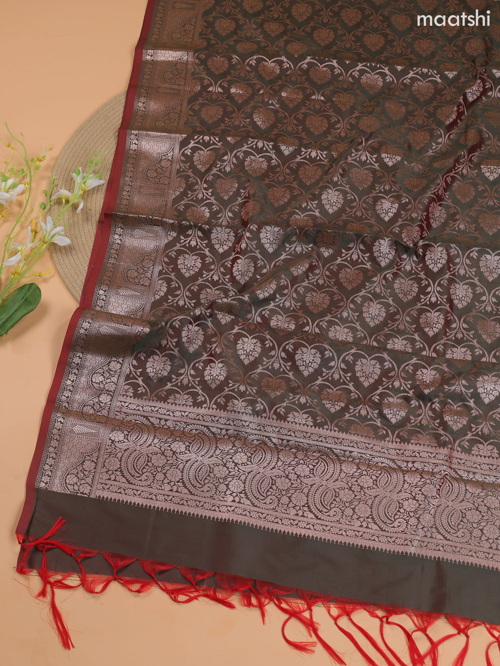 Dual Shade Of Peach and Green Banarasi Silk Dress Material With With Allover Zari Buttas