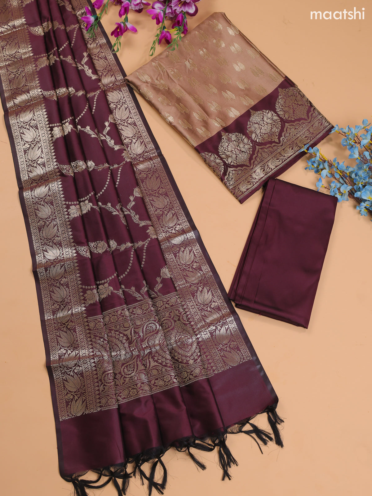 Beige and Wine Banarasi Silk Dress Material With With Allover Zari Buttas