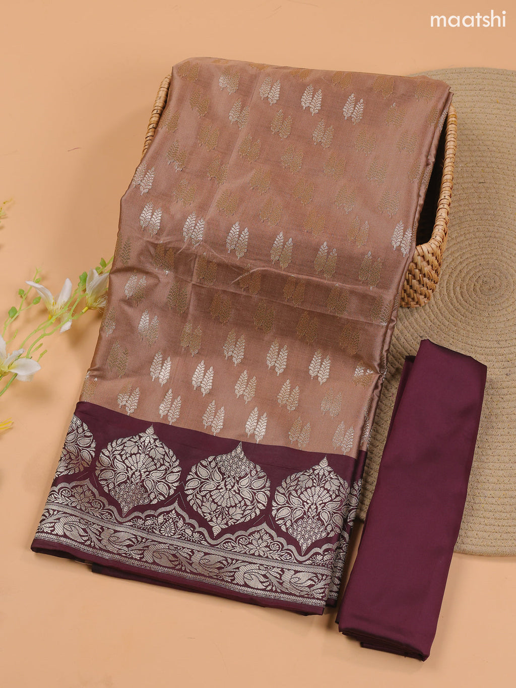 Beige and Wine Banarasi Silk Dress Material With With Allover Zari Buttas