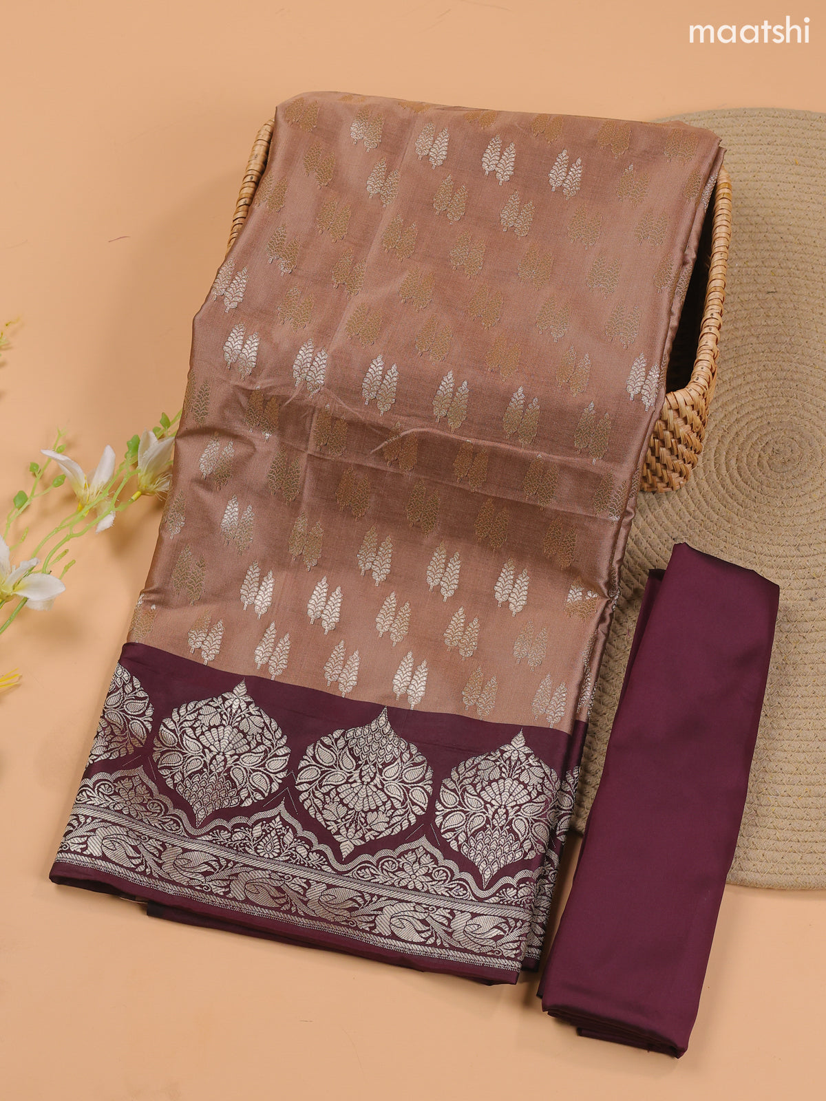 Beige and Wine Banarasi Silk Dress Material With With Allover Zari Buttas