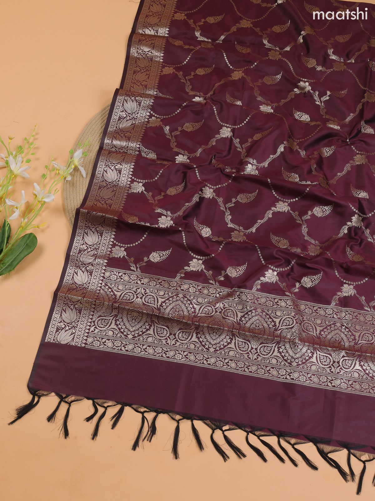 Beige and Wine Banarasi Silk Dress Material With With Allover Zari Buttas