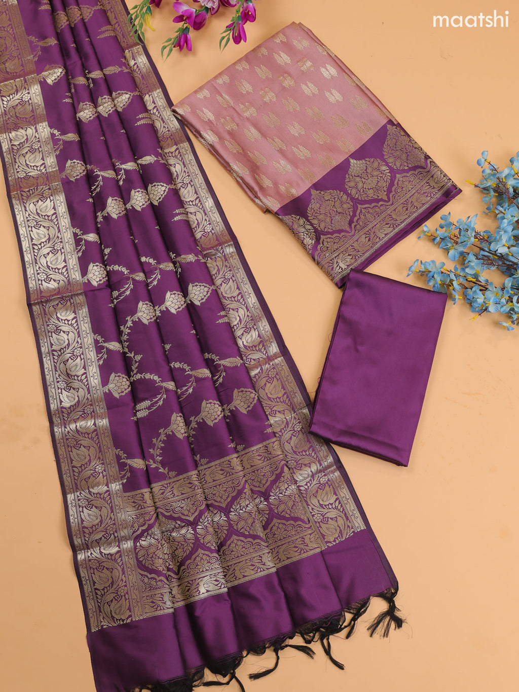 Mauve and Purple Banarasi Silk Dress Material With With Allover Zari Buttas