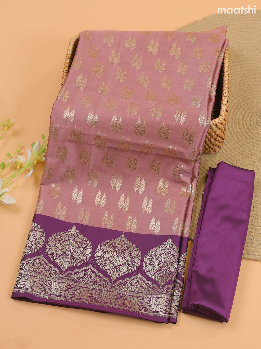 Mauve and Purple Banarasi Silk Dress Material With With Allover Zari Buttas
