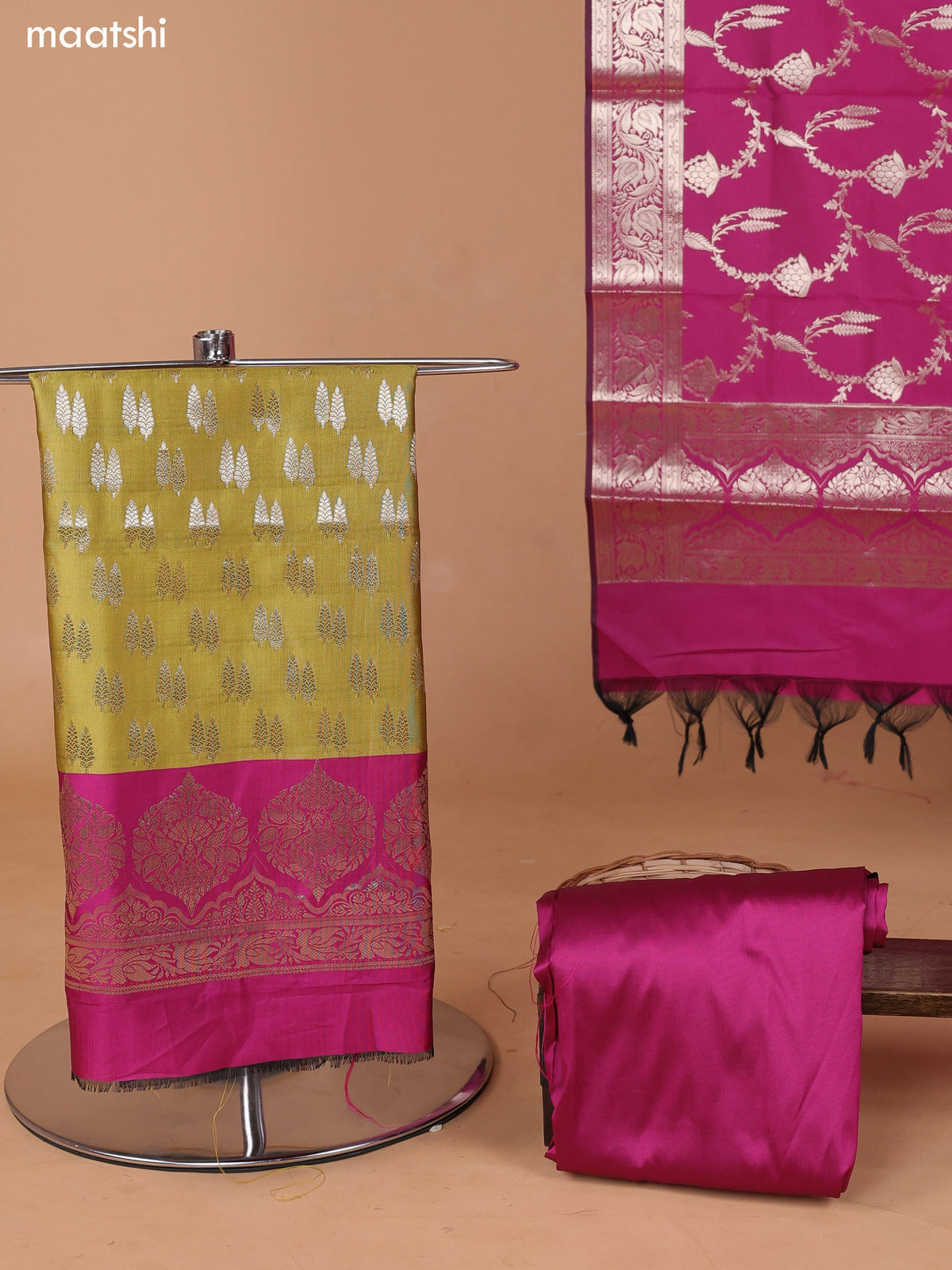 Mustard Green and Magenta Pink Banarasi Silk Dress Material With With Allover Zari Buttas and Bottom & Dupatta