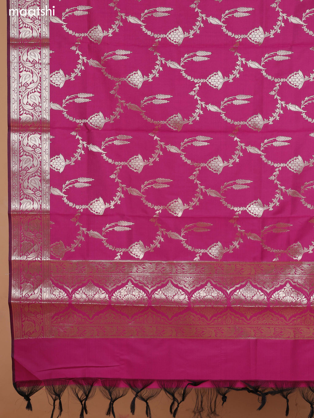 Mustard Green and Magenta Pink Banarasi Silk Dress Material With With Allover Zari Buttas and Bottom & Dupatta