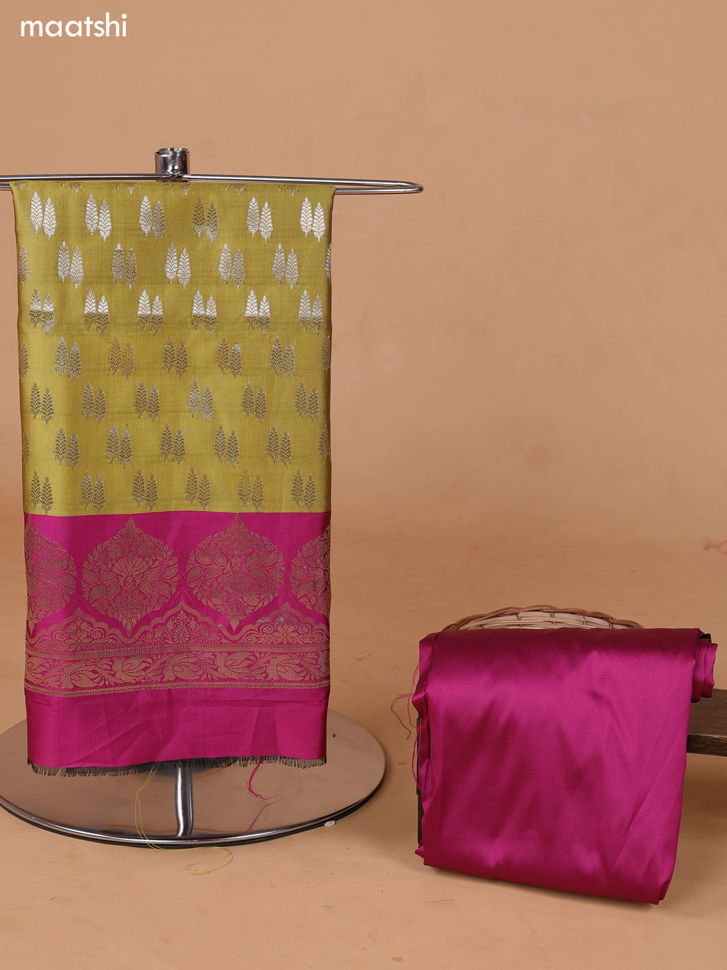 Mustard Green and Magenta Pink Banarasi Silk Dress Material With With Allover Zari Buttas and Bottom & Dupatta
