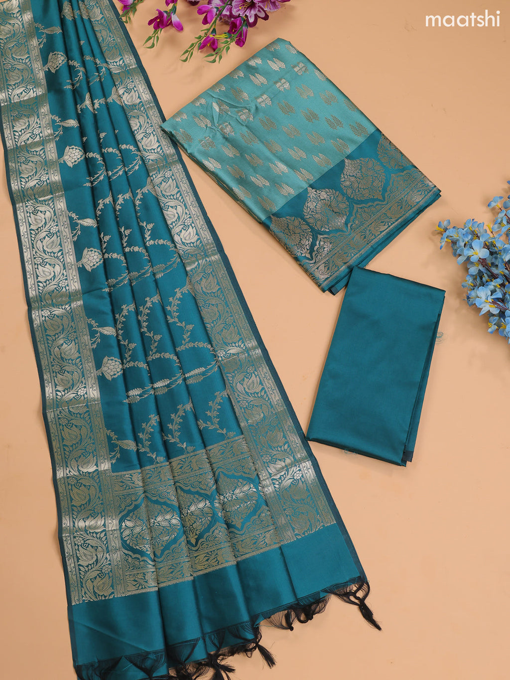 Pastel Green and Teal Green Banarasi Silk Dress Material With With Allover Zari Buttas