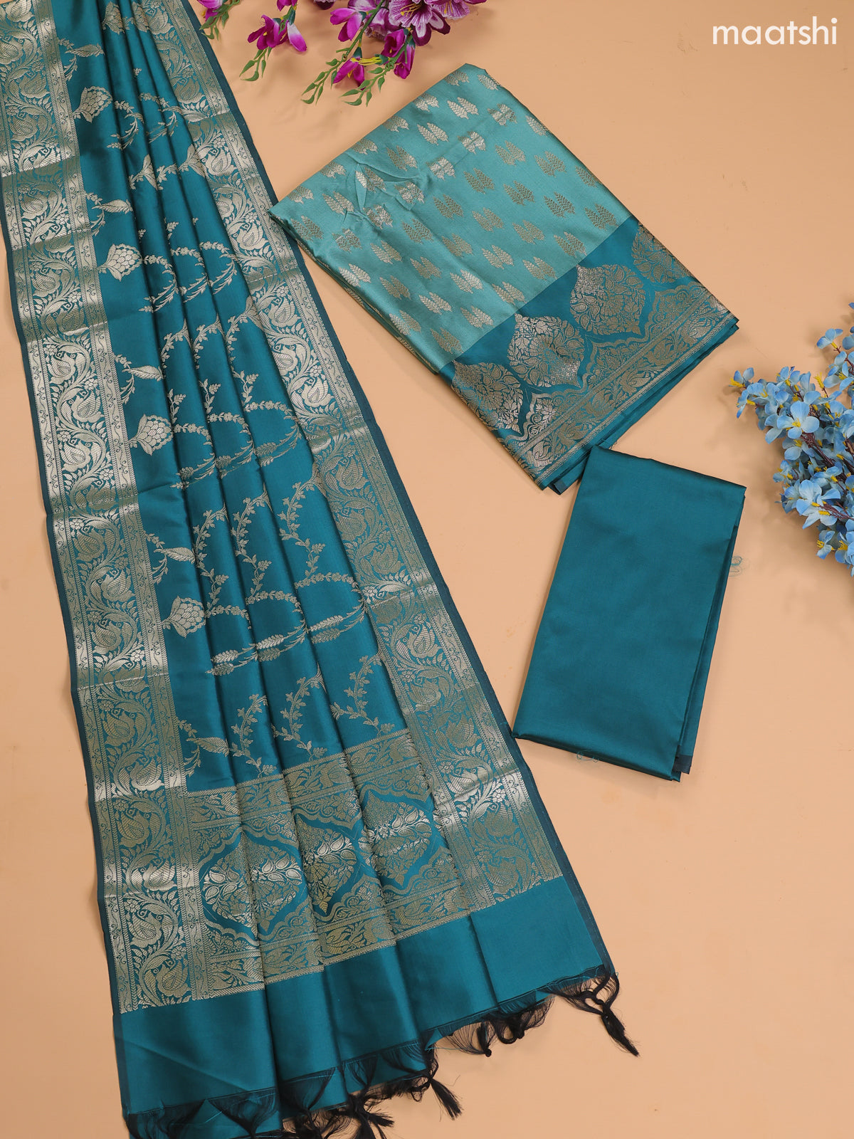 Pastel Green and Teal Green Banarasi Silk Dress Material With With Allover Zari Buttas