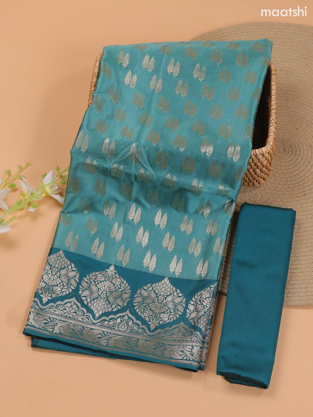 Pastel Green and Teal Green Banarasi Silk Dress Material With With Allover Zari Buttas