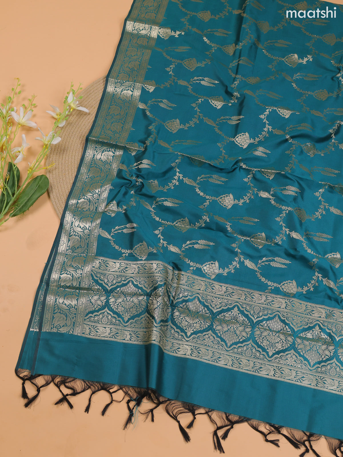 Pastel Green and Teal Green Banarasi Silk Dress Material With With Allover Zari Buttas