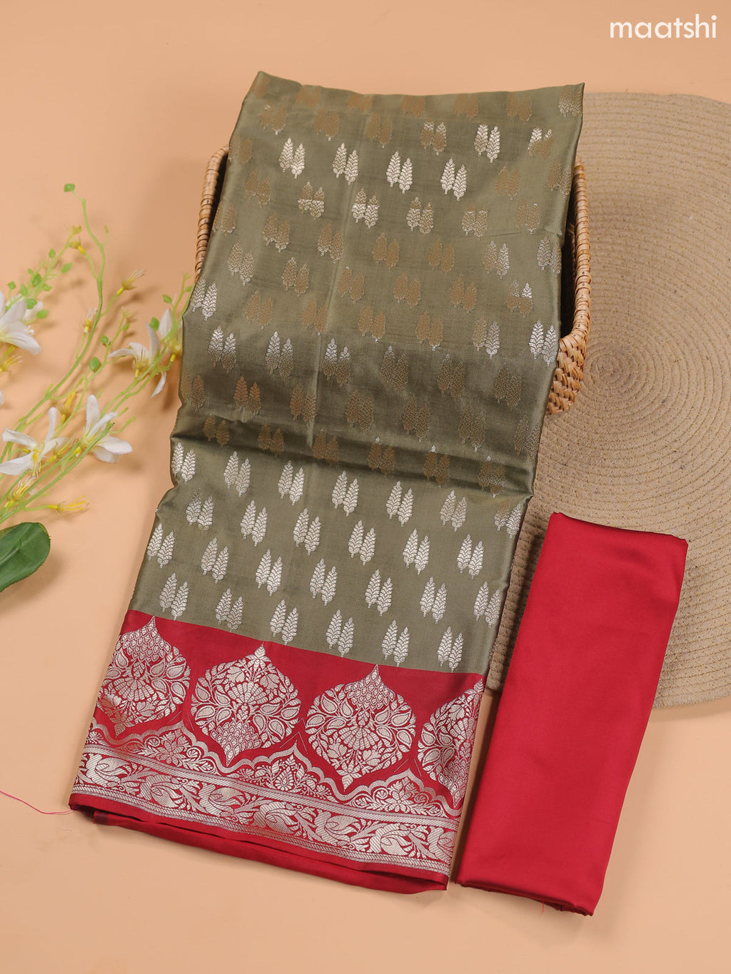 Khaki Green and Red Banarasi Silk Dress Material With With Allover Zari Buttas