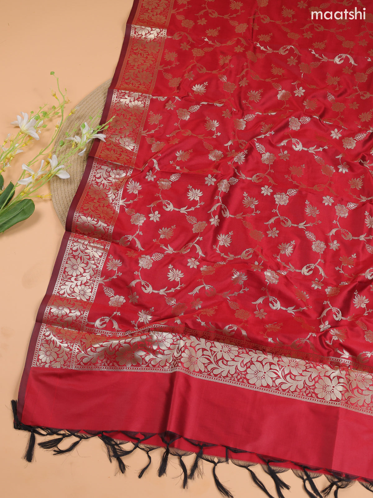 Khaki Green and Red Banarasi Silk Dress Material With With Allover Zari Buttas