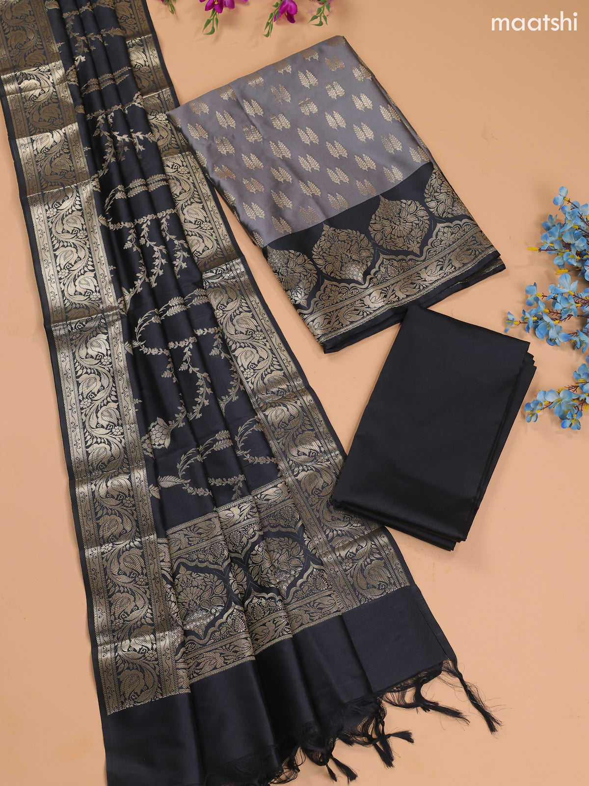 Grey and Black Banarasi Silk Dress Material With With Allover Zari Buttas