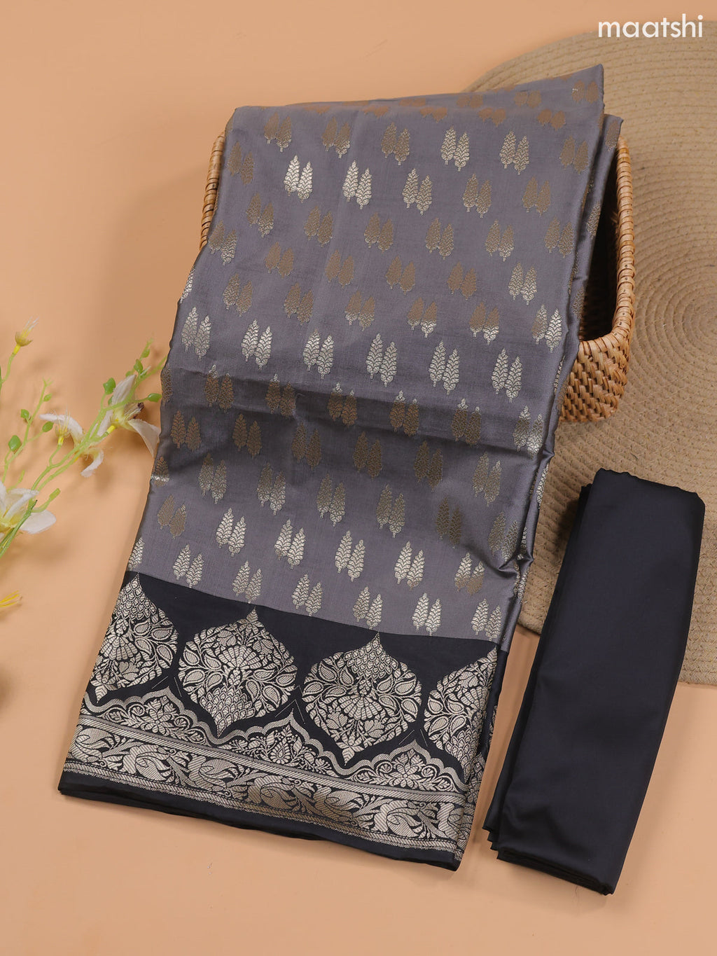 Grey and Black Banarasi Silk Dress Material With With Allover Zari Buttas