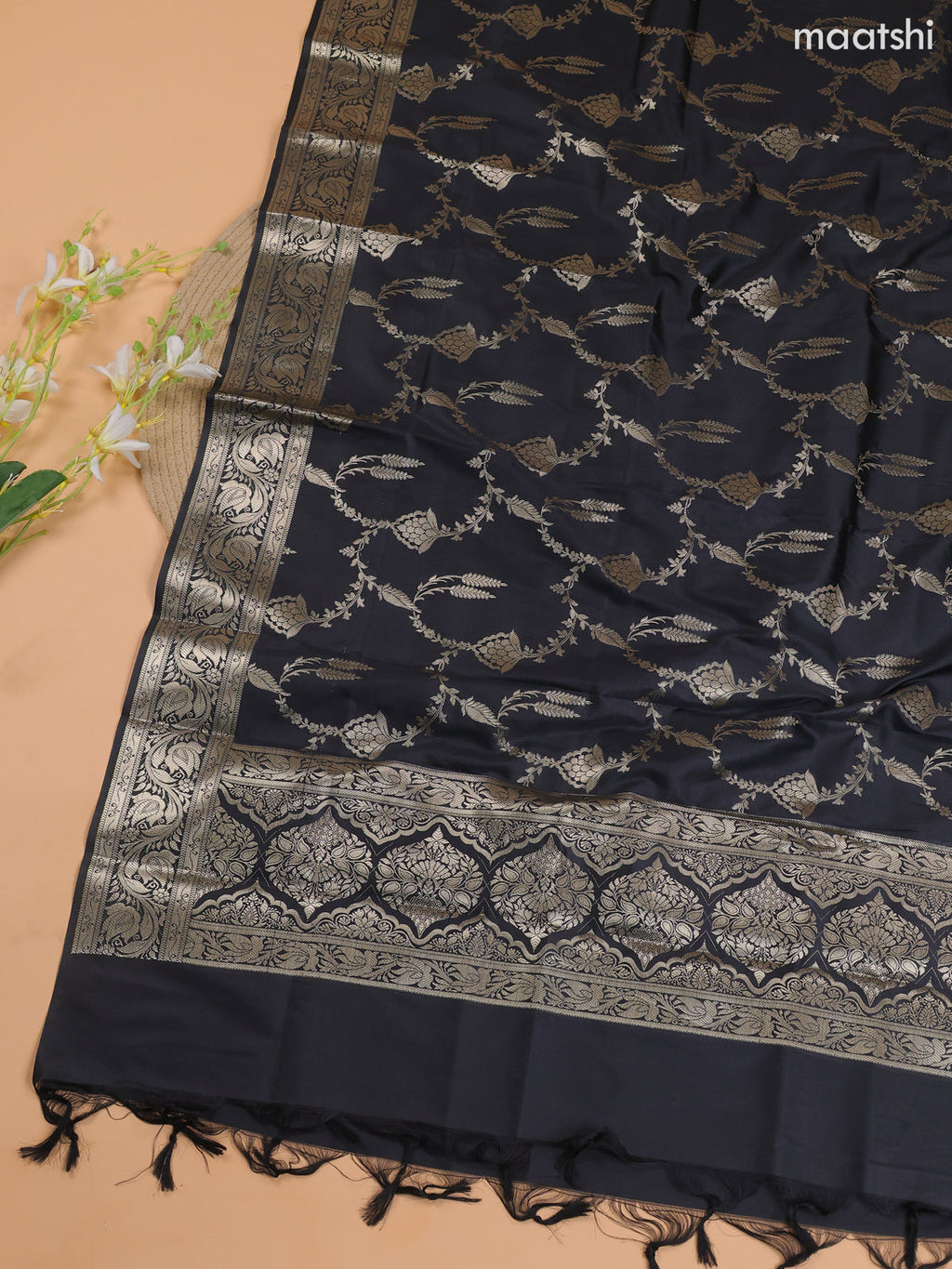 Grey and Black Banarasi Silk Dress Material With With Allover Zari Buttas