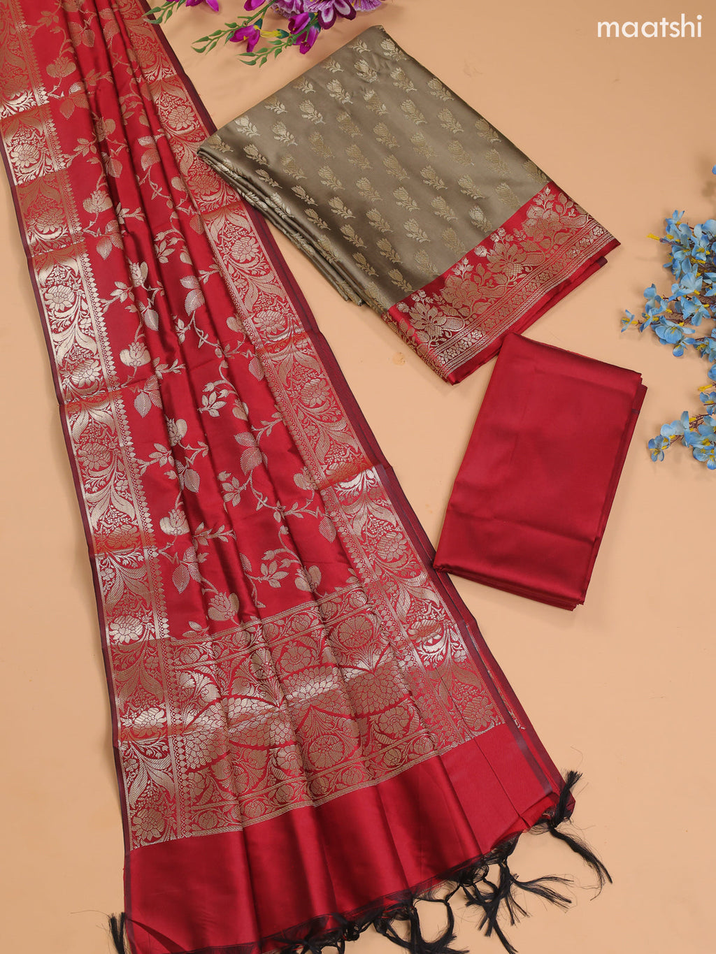 Dual Shade Of Khaki Green and Red Banarasi Silk Dress Material With With Allover Zari Buttas