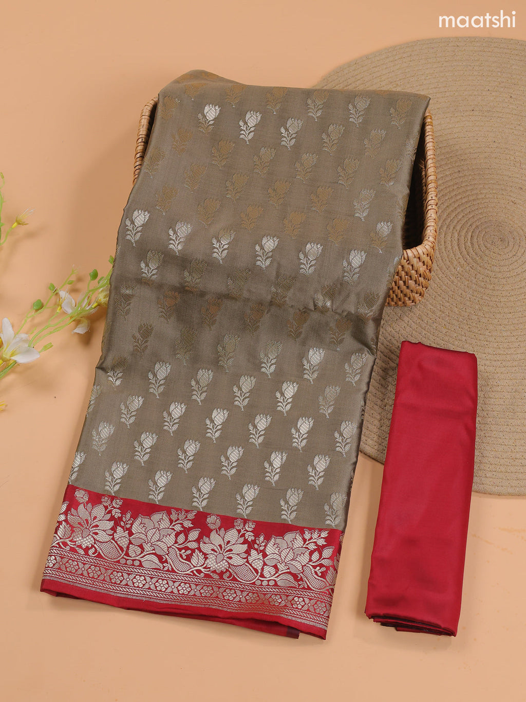 Dual Shade Of Khaki Green and Red Banarasi Silk Dress Material With With Allover Zari Buttas