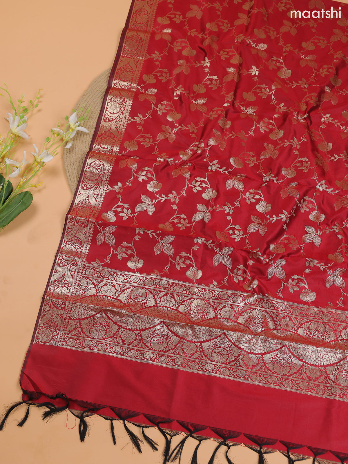 Dual Shade Of Khaki Green and Red Banarasi Silk Dress Material With With Allover Zari Buttas