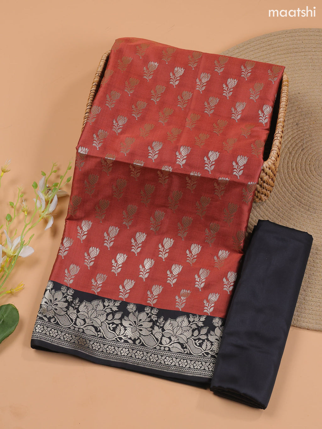 Rest Shade and Black Banarasi Silk Dress Material With With Allover Zari Buttas