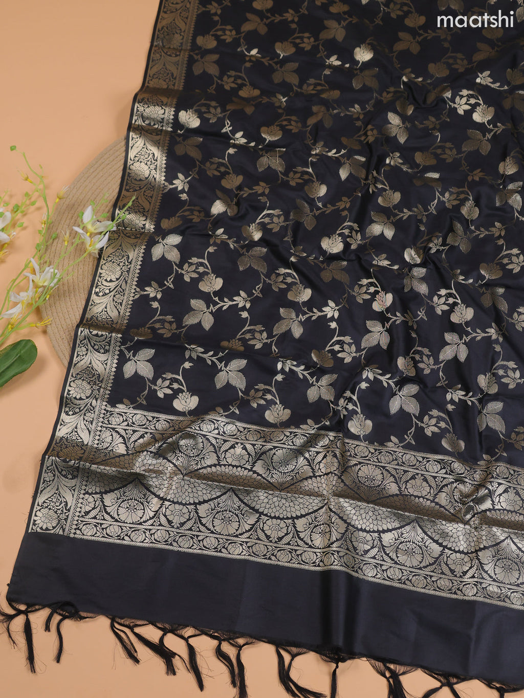 Rest Shade and Black Banarasi Silk Dress Material With With Allover Zari Buttas