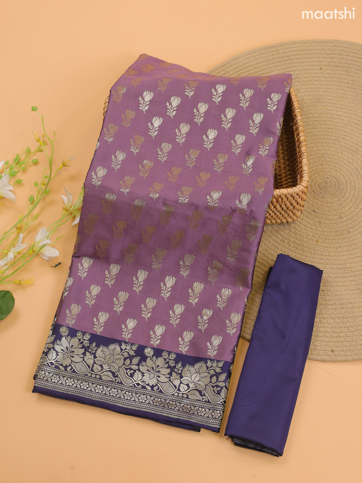 Purple and Navy Blue Banarasi Silk Dress Material With With Allover Zari Buttas
