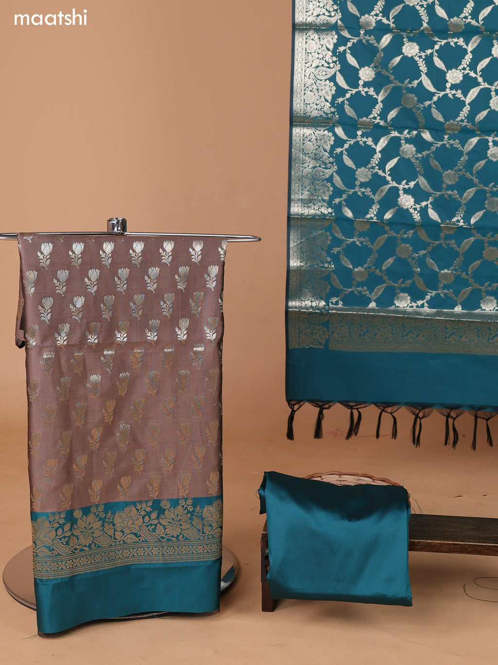 Grey and Green Banarasi Silk Dress Material With With Allover Zari Buttas and Bottom & Dupatta