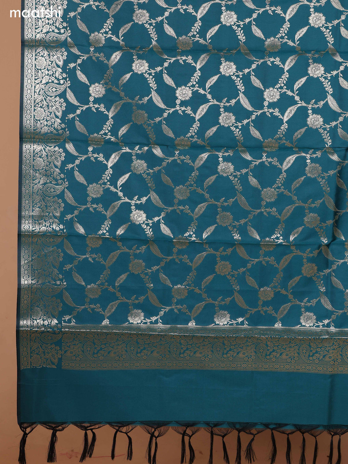 Grey and Green Banarasi Silk Dress Material With With Allover Zari Buttas and Bottom & Dupatta