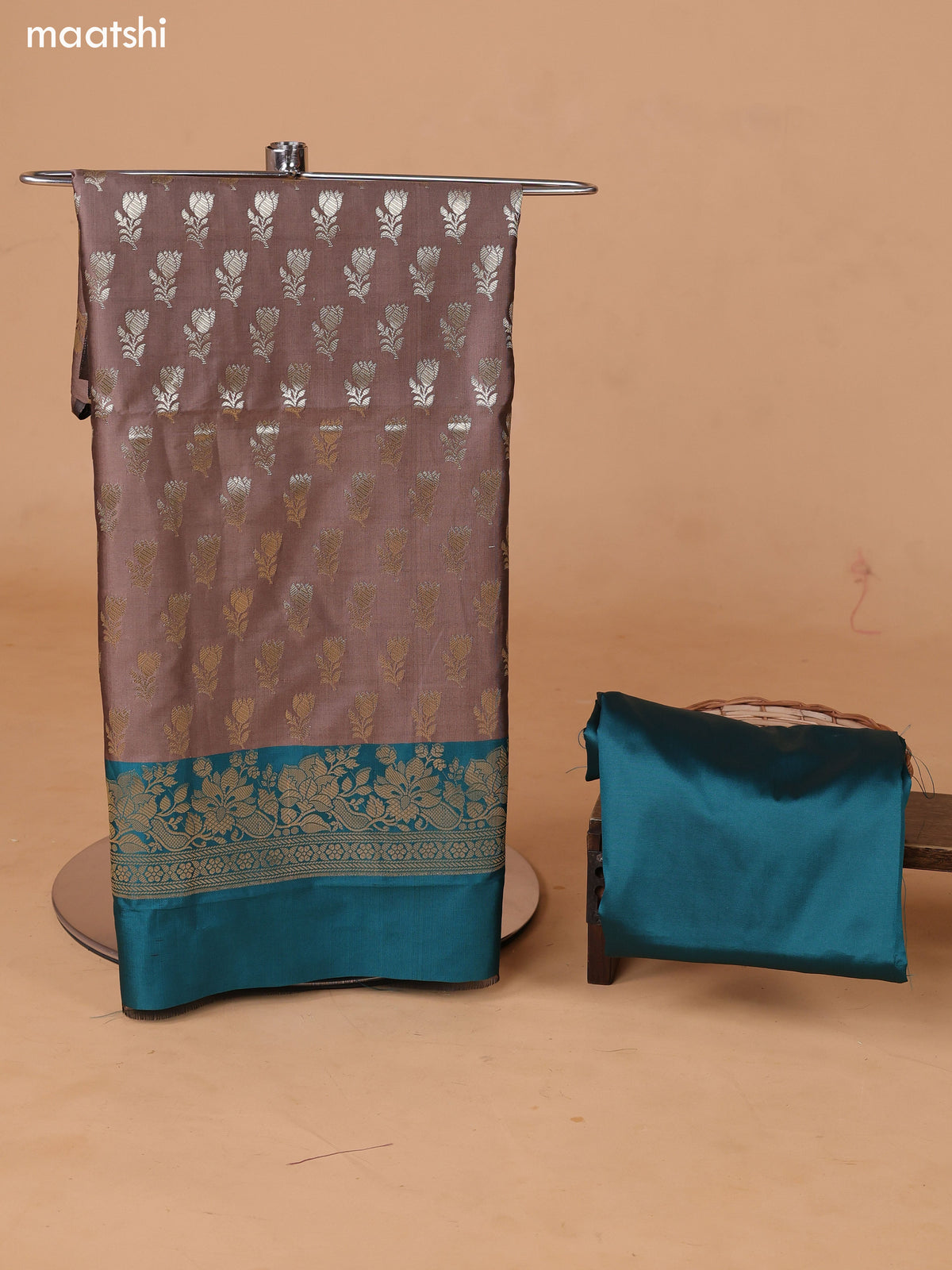 Grey and Green Banarasi Silk Dress Material With With Allover Zari Buttas and Bottom & Dupatta