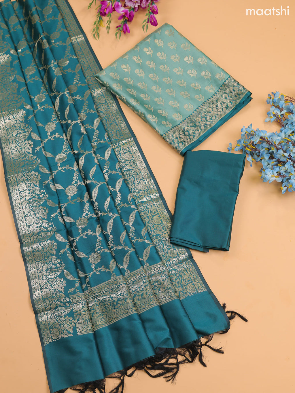 Pastel Green Banarasi Silk Dress Material With With Allover Zari Buttas