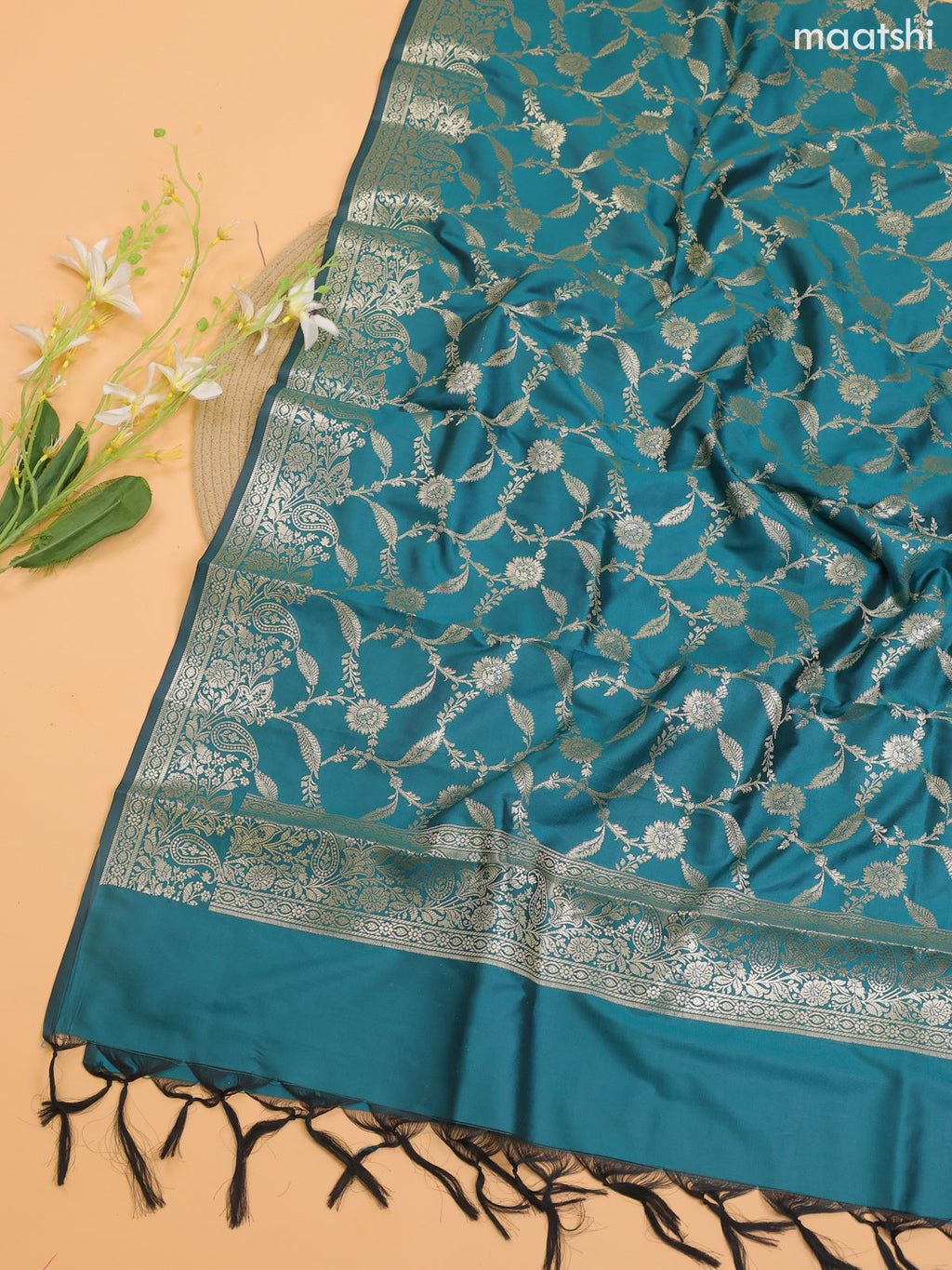 Pastel Green Banarasi Silk Dress Material With With Allover Zari Buttas