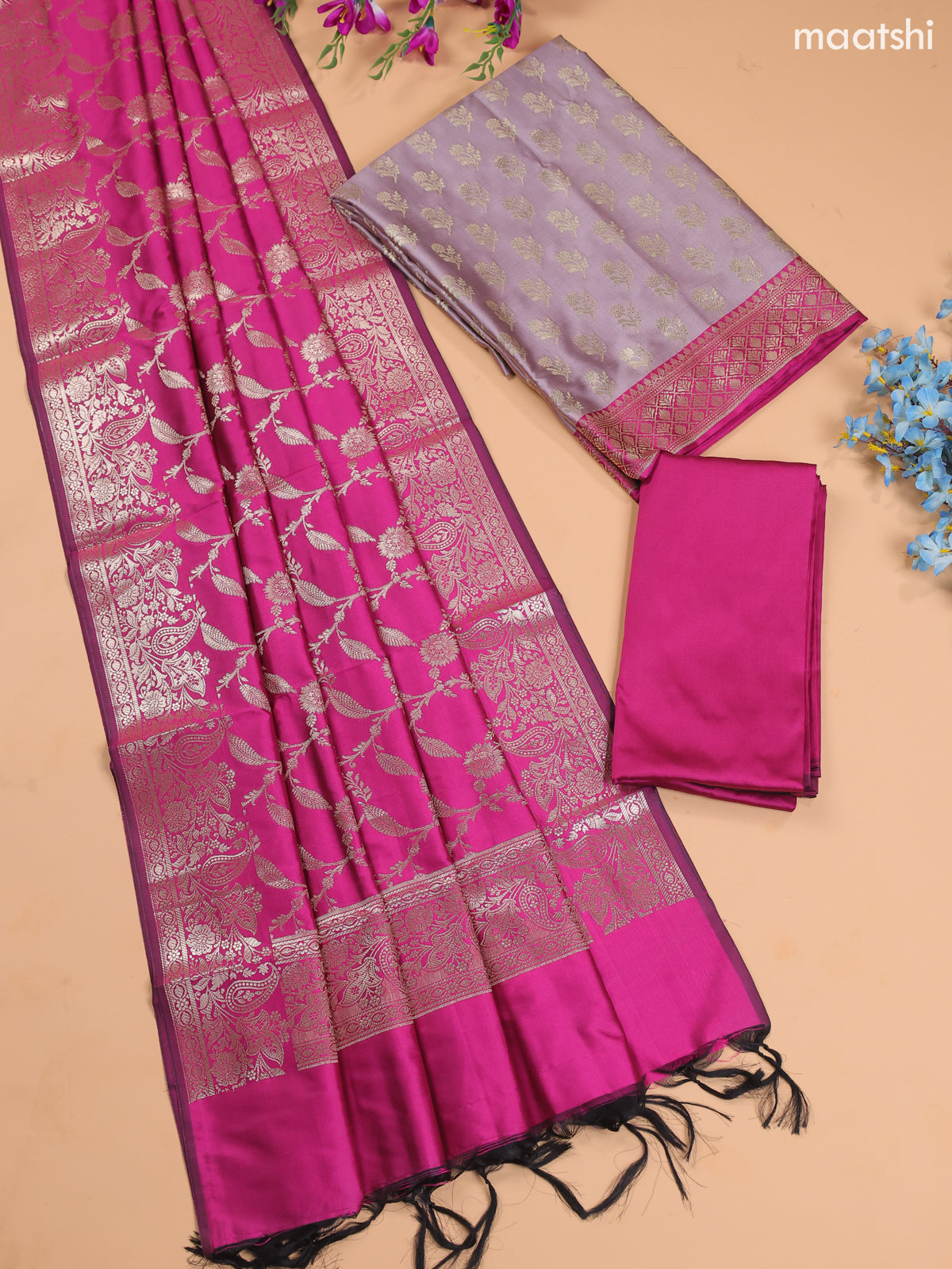 Dual Shade Of Lavender and Magenta Pink Banarasi Silk Dress Material With With Allover Zari Buttas