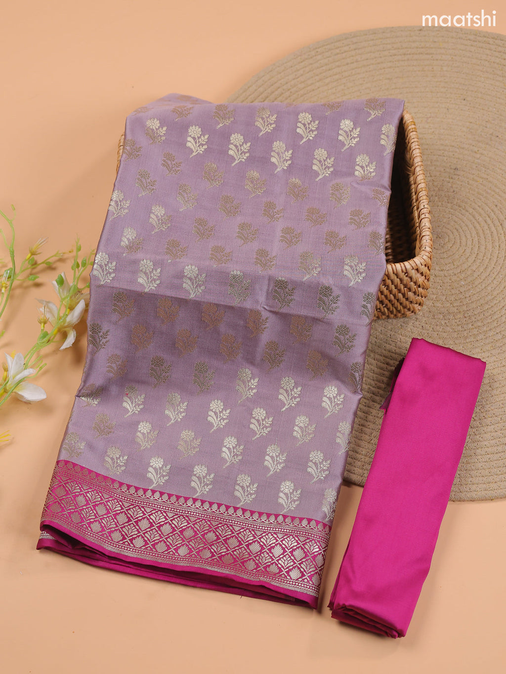 Dual Shade Of Lavender and Magenta Pink Banarasi Silk Dress Material With With Allover Zari Buttas