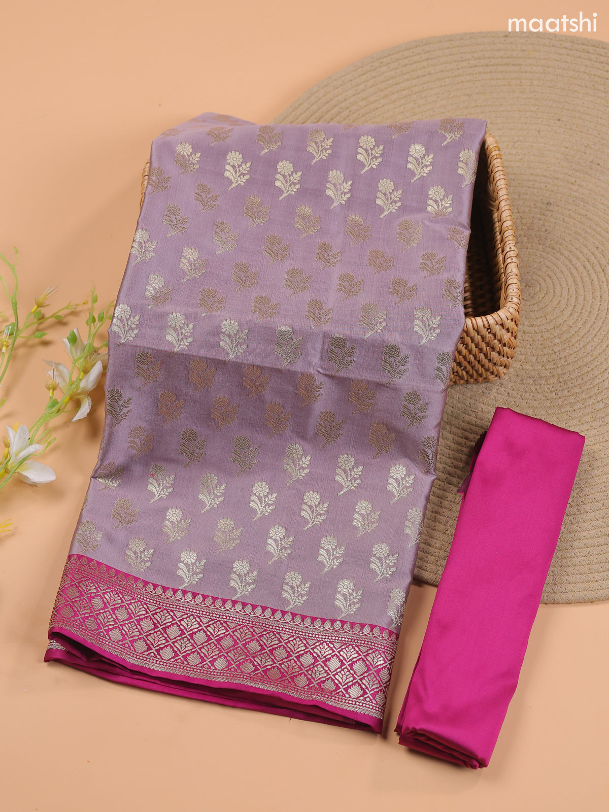 Dual Shade Of Lavender and Magenta Pink Banarasi Silk Dress Material With With Allover Zari Buttas