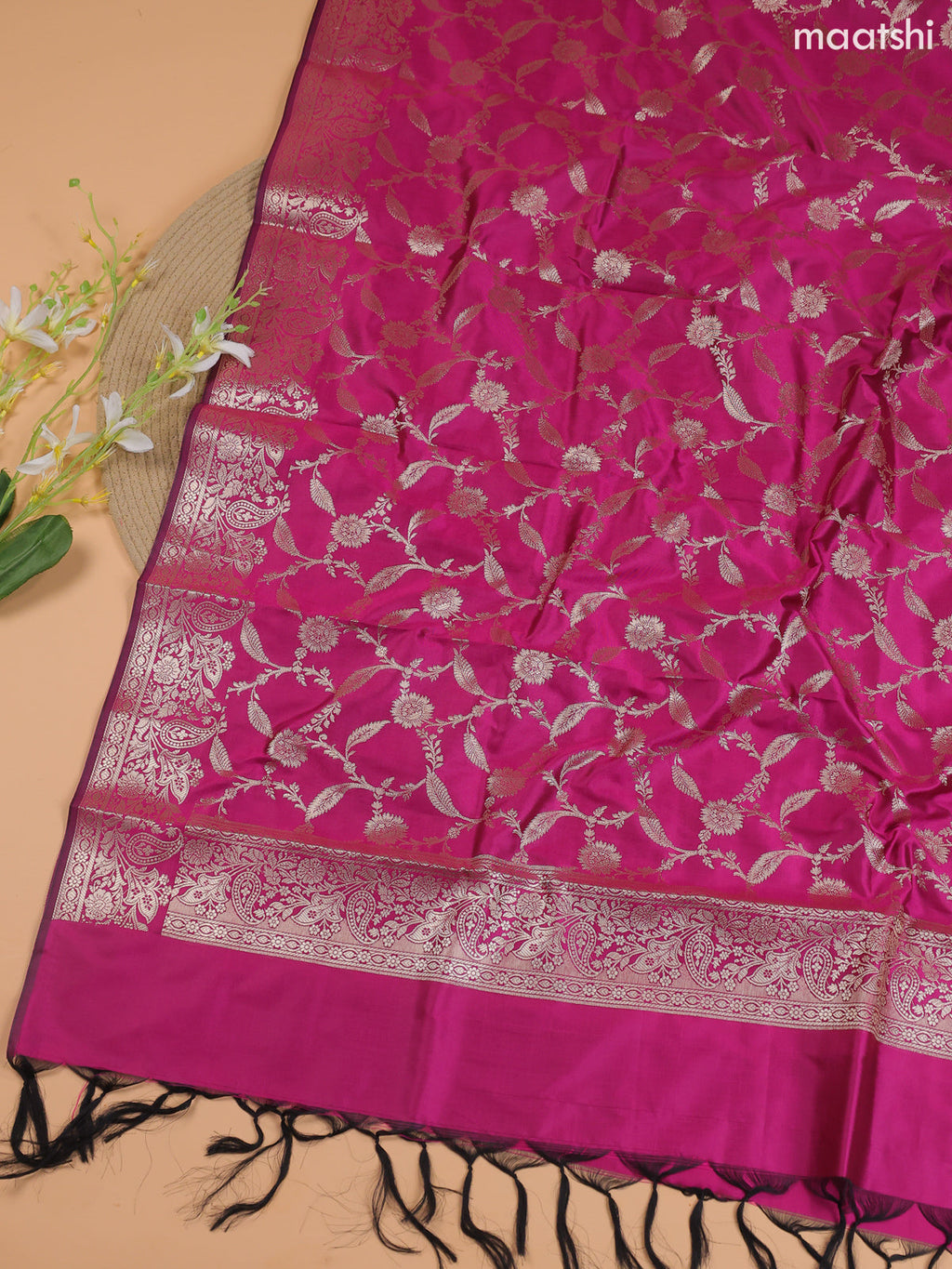 Dual Shade Of Lavender and Magenta Pink Banarasi Silk Dress Material With With Allover Zari Buttas