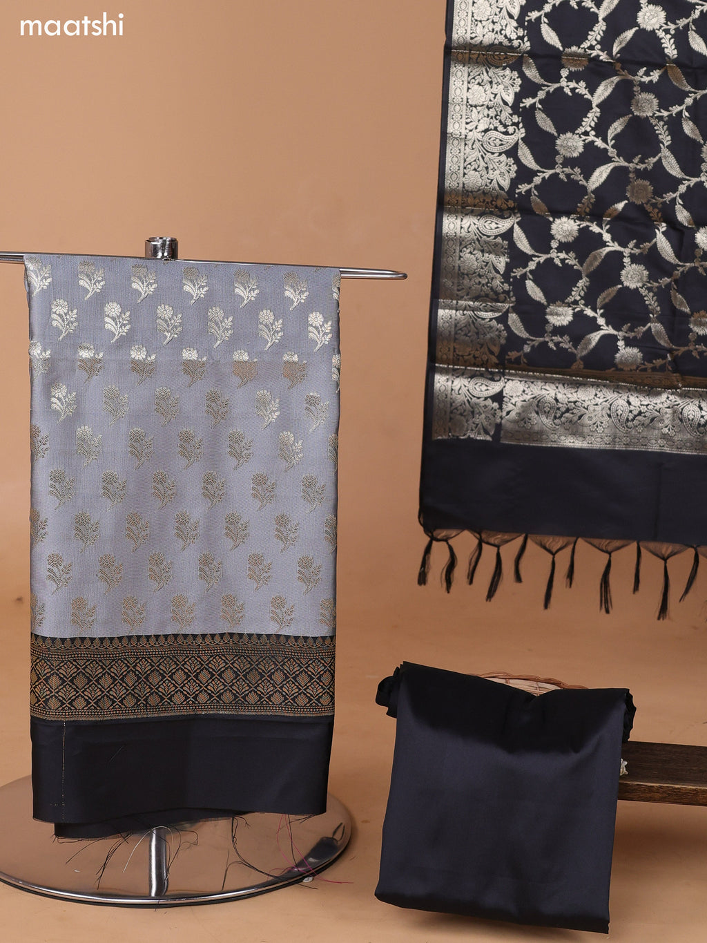 Grey and Black Banarasi Silk Dress Material With With Allover Zari Buttas and Bottom & Dupatta