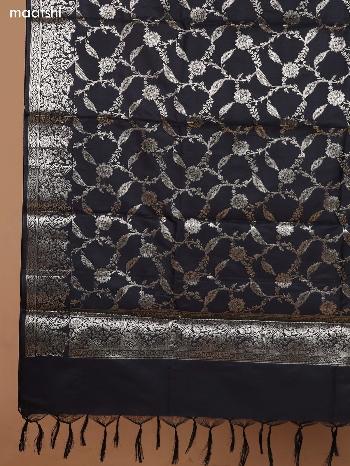 Grey and Black Banarasi Silk Dress Material With With Allover Zari Buttas and Bottom & Dupatta
