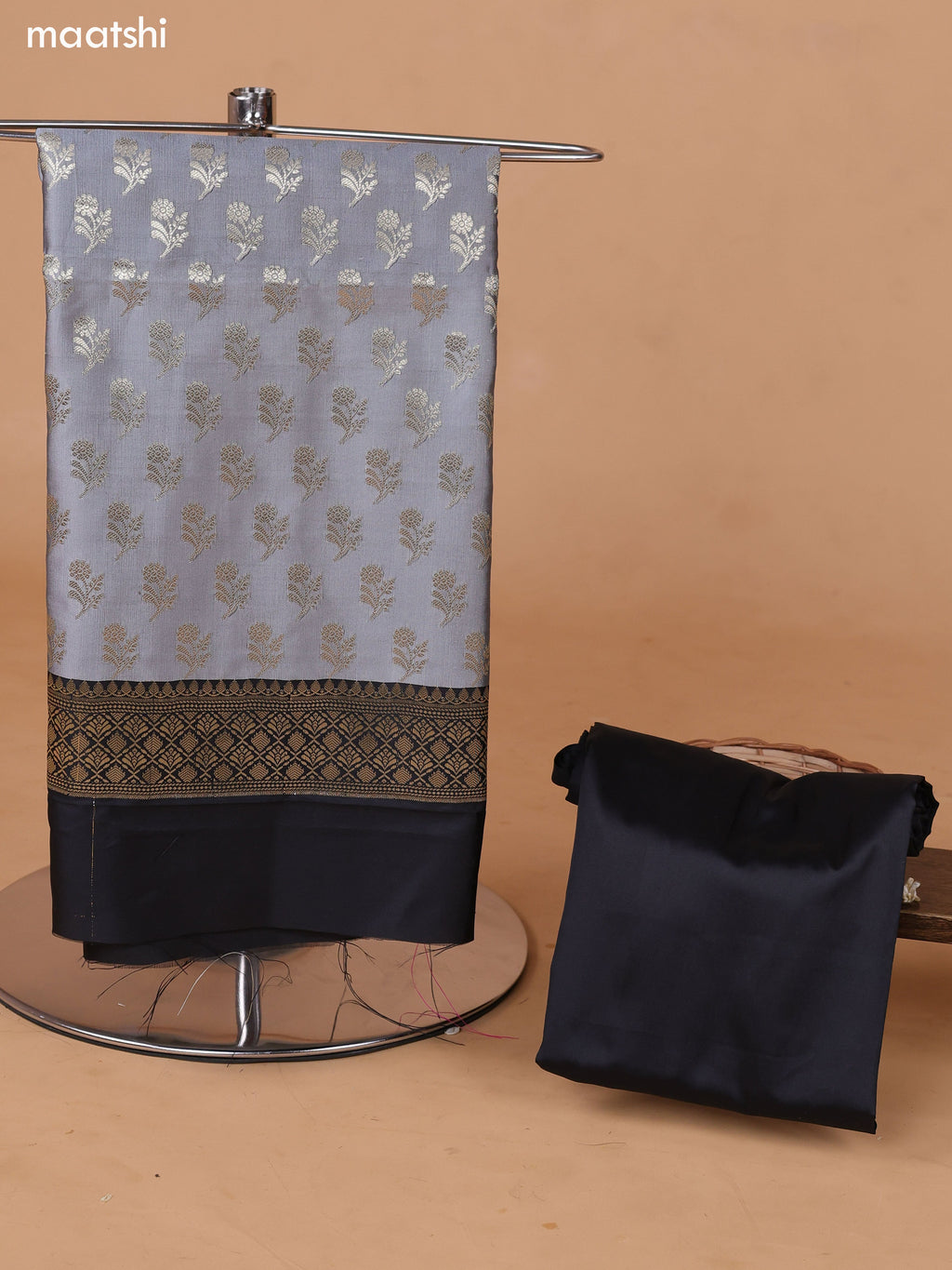 Grey and Black Banarasi Silk Dress Material With With Allover Zari Buttas and Bottom & Dupatta