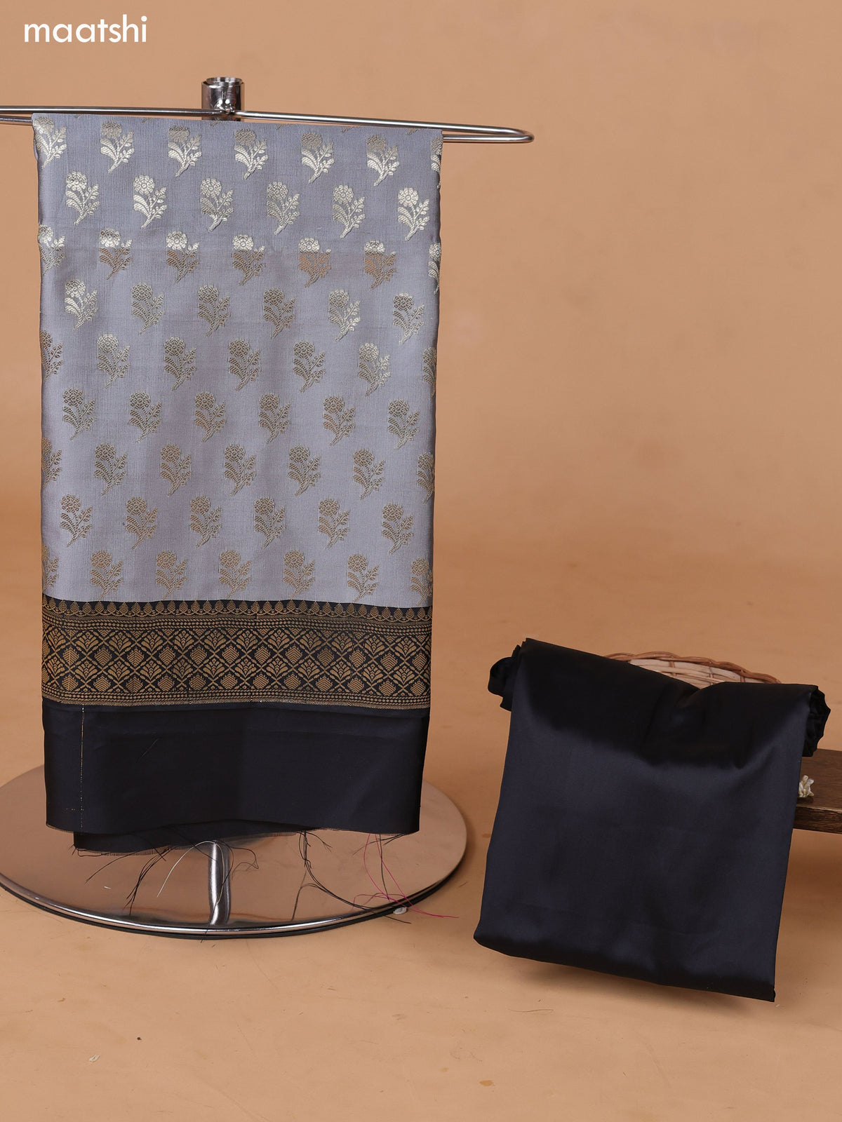 Grey and Black Banarasi Silk Dress Material With With Allover Zari Buttas and Bottom & Dupatta