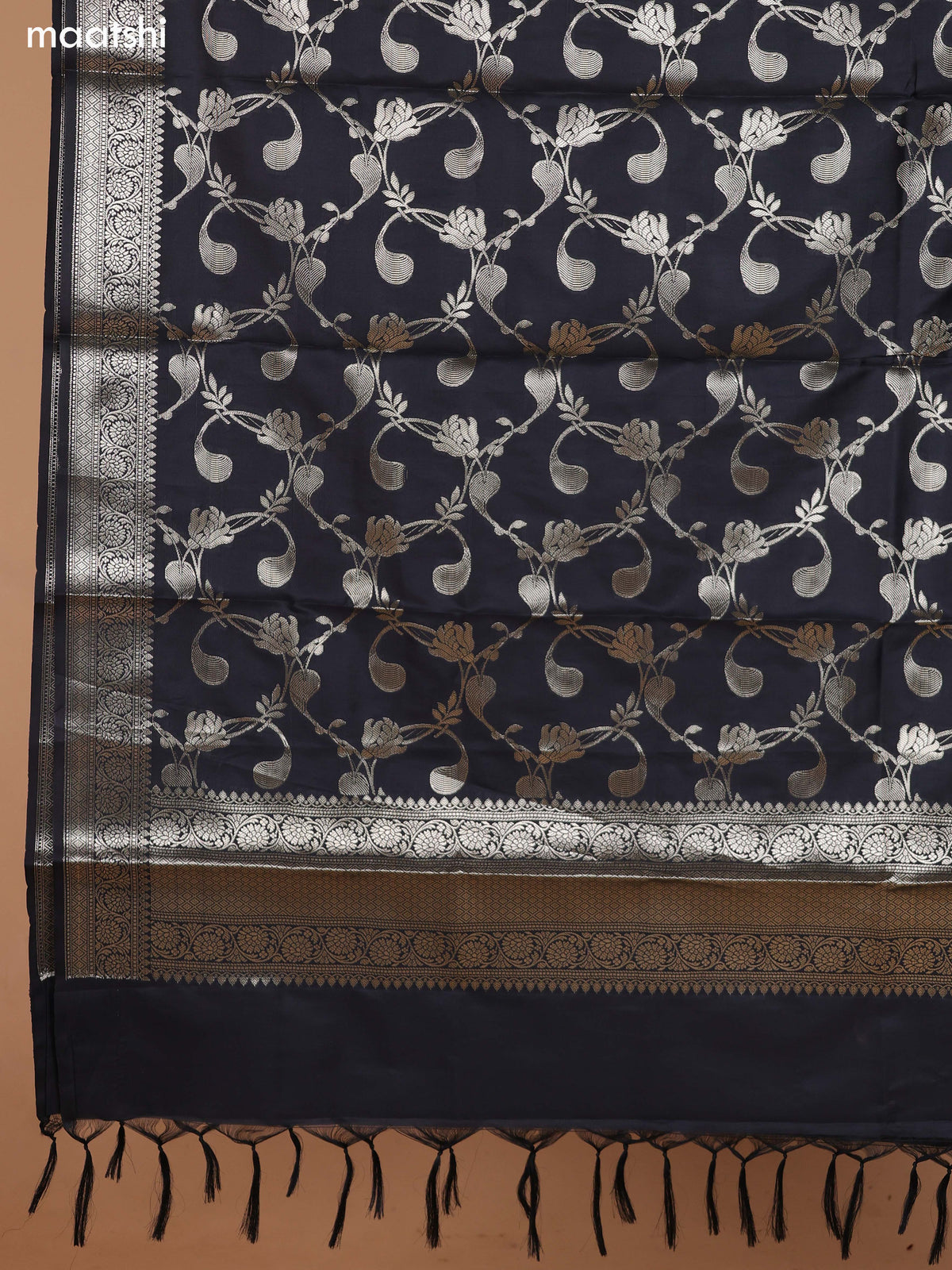 Beige and Black Banarasi Silk Dress Material With With Allover Zari Buttas and Bottom & Dupatta