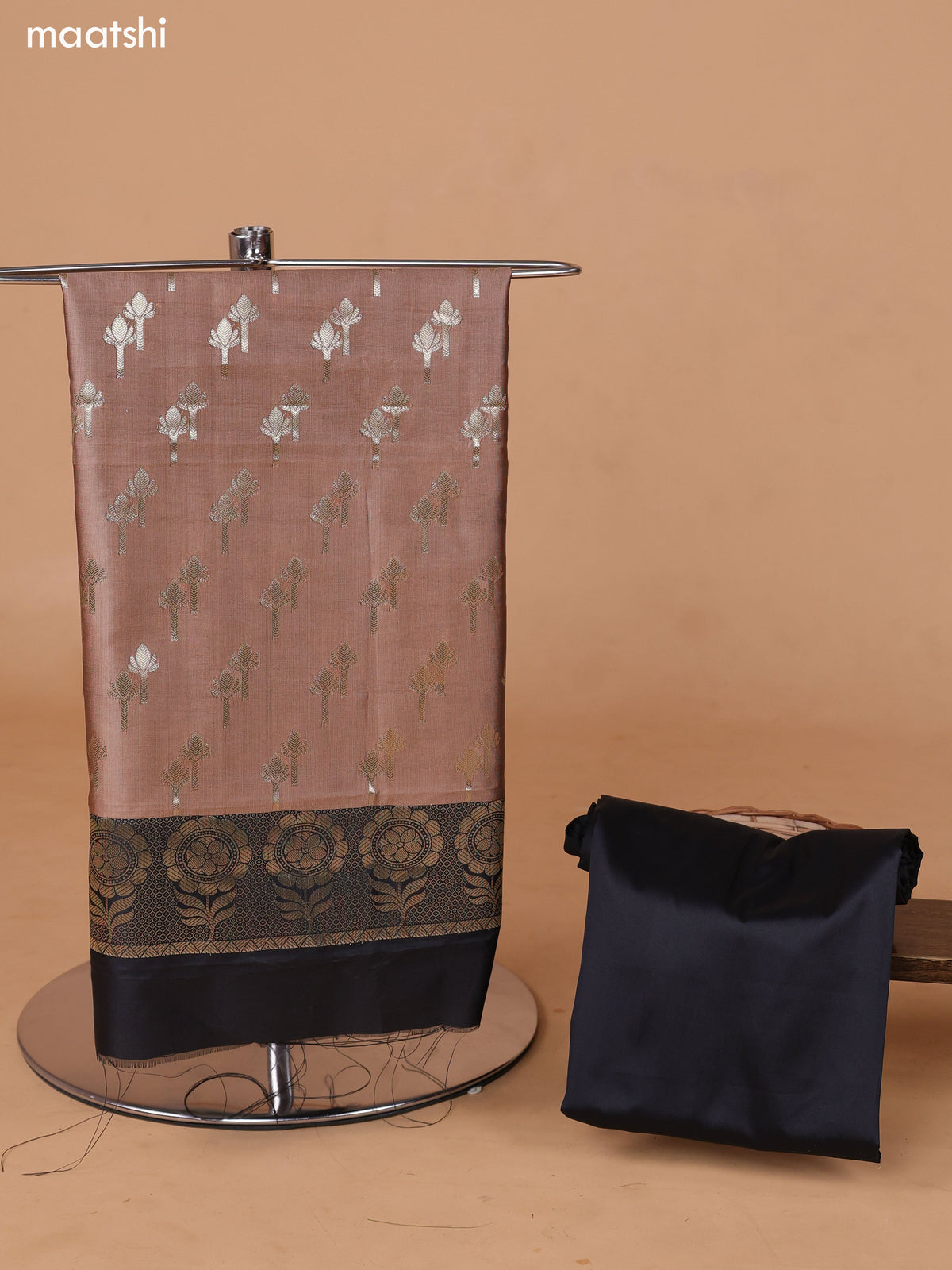 Beige and Black Banarasi Silk Dress Material With With Allover Zari Buttas and Bottom & Dupatta