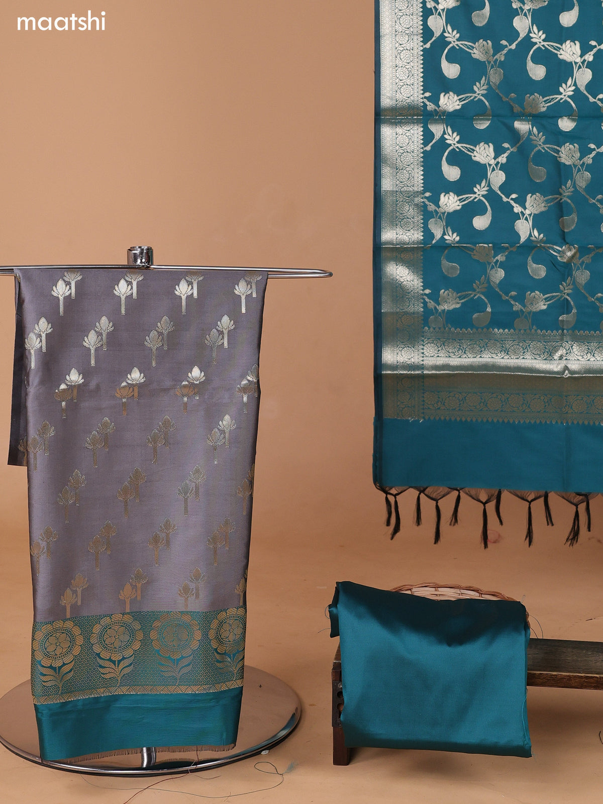 Grey and Teal Green Banarasi Silk Dress Material With With Allover Zari Buttas and Bottom & Dupatta