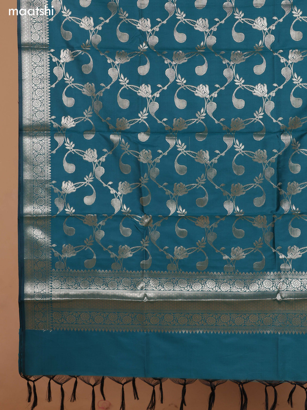 Grey and Teal Green Banarasi Silk Dress Material With With Allover Zari Buttas and Bottom & Dupatta