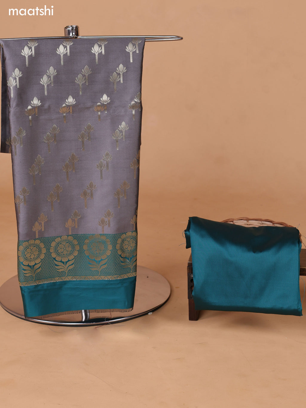 Grey and Teal Green Banarasi Silk Dress Material With With Allover Zari Buttas and Bottom & Dupatta