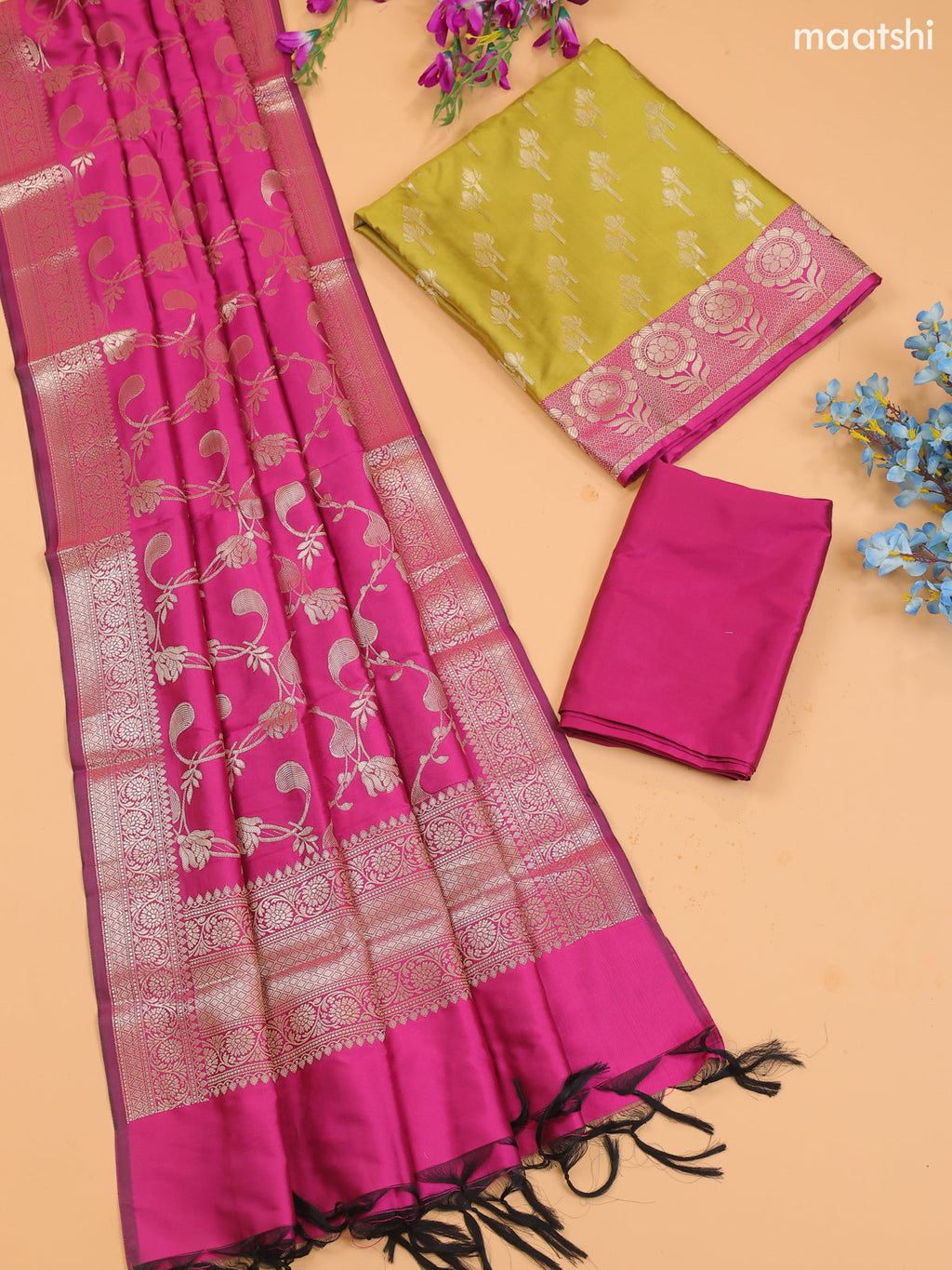 Green and Pink Banarasi Silk Dress Material With With Allover Zari Buttas