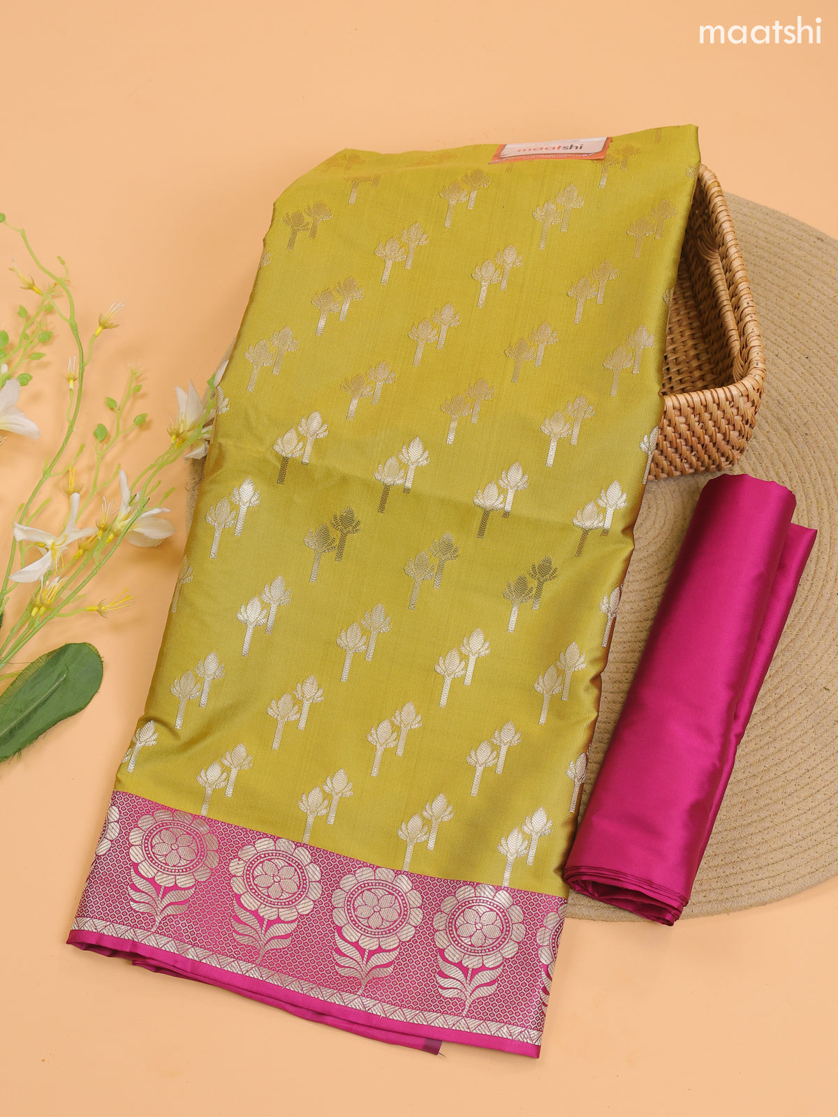Green and Pink Banarasi Silk Dress Material With With Allover Zari Buttas