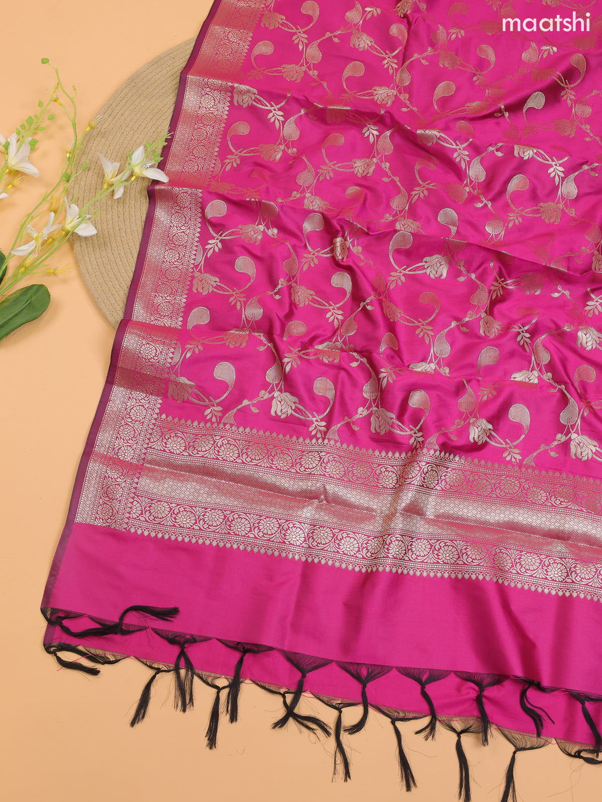 Green and Pink Banarasi Silk Dress Material With With Allover Zari Buttas