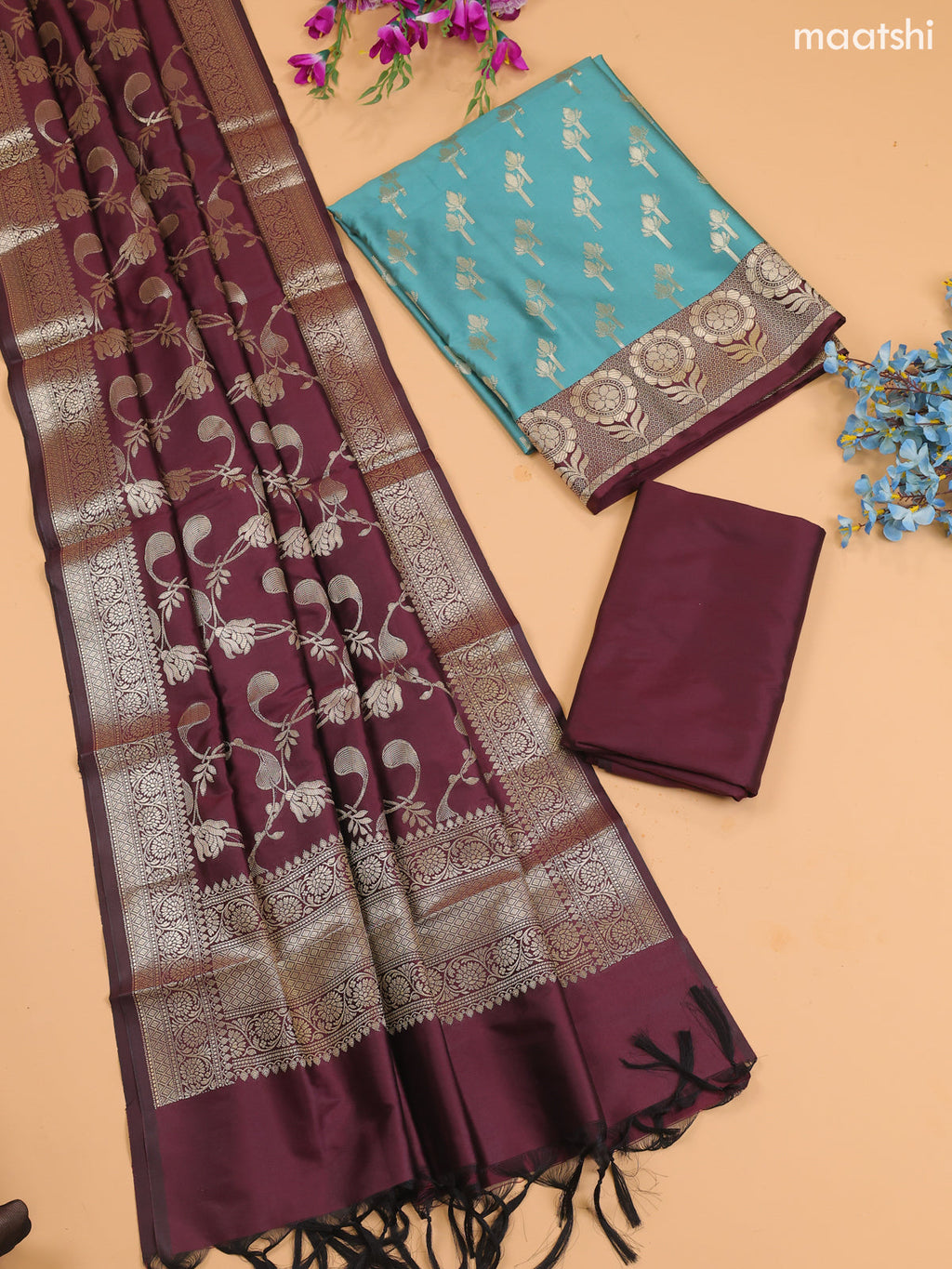 Teal Blue and Brown Banarasi Silk Dress Material With With Allover Zari Buttas