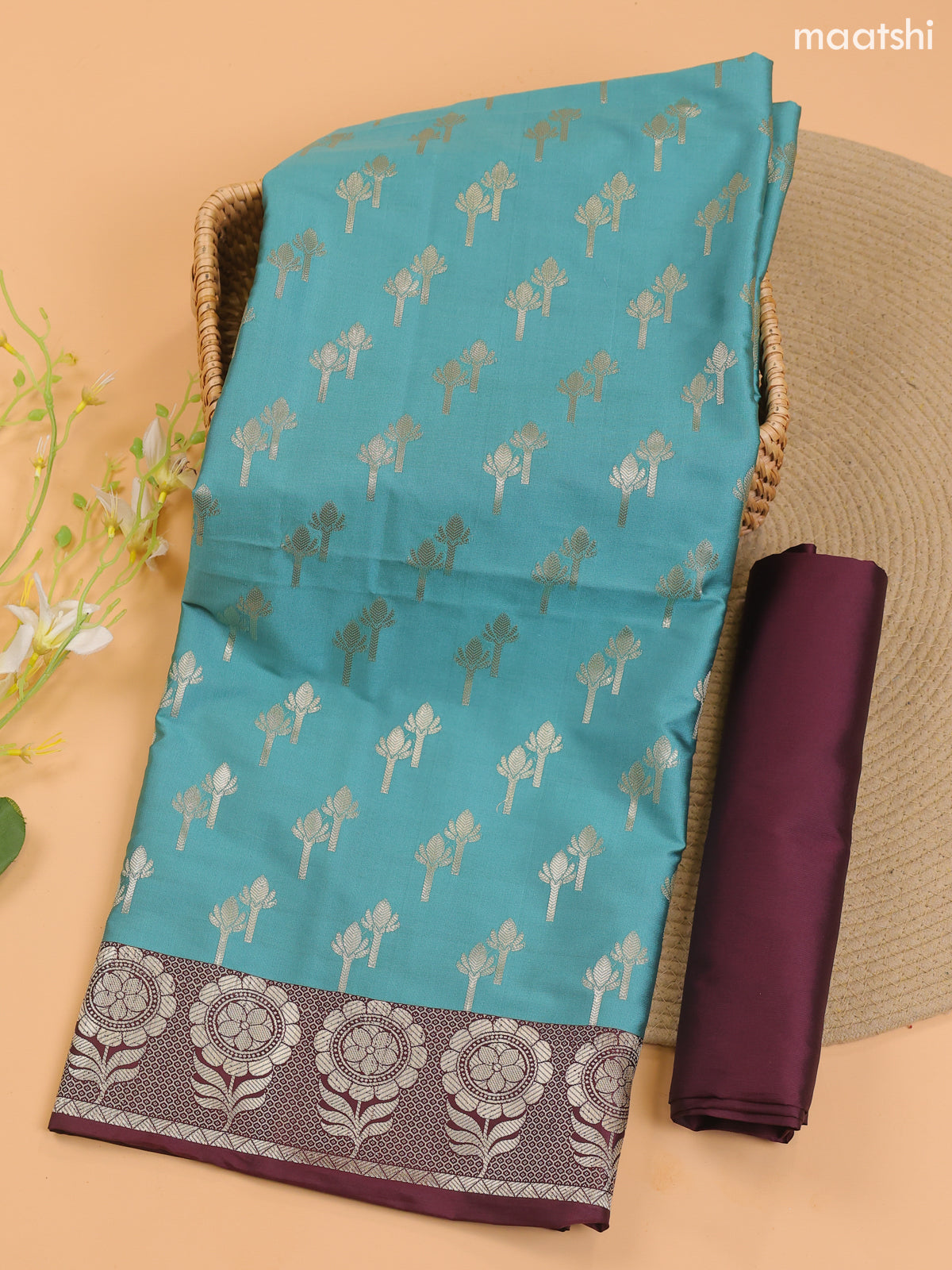 Teal Blue and Brown Banarasi Silk Dress Material With With Allover Zari Buttas