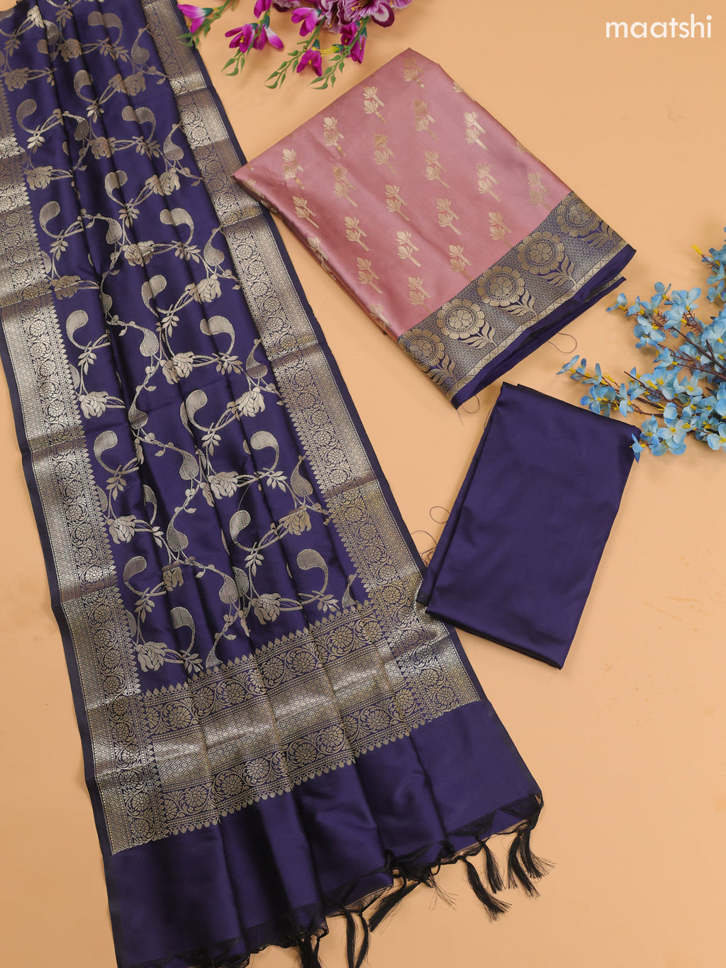 Peach and Navy Blue Banarasi Silk Dress Material With With Allover Zari Buttas